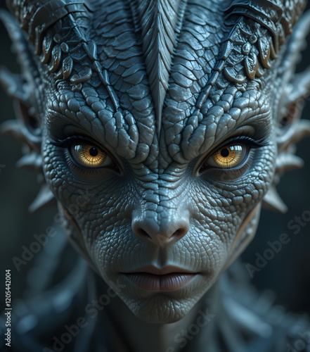 Intriguing reptilian creature with textured skin and glowing eyes in a dramatic close-up 
