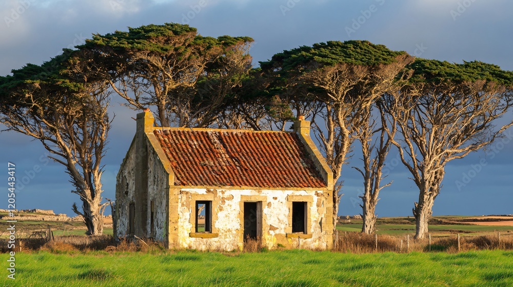 Fototapeta premium Ruined Stone Cottage Under Dramatic Sky, Old House, Trees, Field