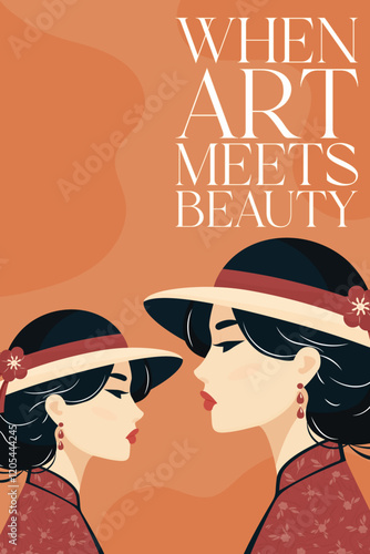 art poster design with beautiful chinese woman flat vector illustration