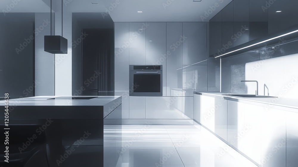 A kitchen with a white counter and a black island A kitchen with a white counter and a black island