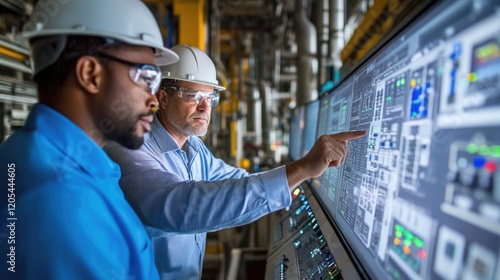 operator controller engineer is working with Scada system on computer screen at power plant factory.