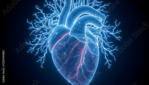 Luminous Blue Human Heart 3D Medical Illustration, Detailed Anatomy, Glowing Vessels and Network, Healthcare and Science Concept photo