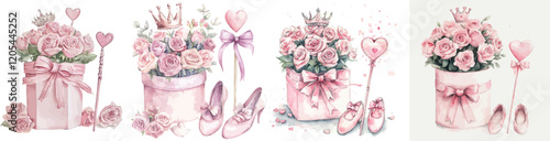 This watercolor hand draw illustration is suitable for cards or child posters; the tutu skirt is pink, and there are pointe shoes, flowers, a bow, a magic wand, a crown, a butterfly, and a heart.