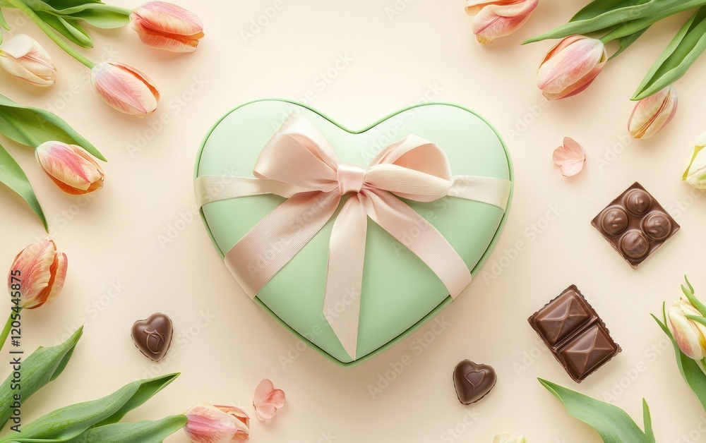 A pastel green heart-shaped gift box tied with a floral bow, surrounded by tulips and chocolates on a light cream background for valentines day and 8 march A pastel green heart-shaped gift box tied with a floral bow, surrounded by tulips and chocolates on a light cream background for valentines day and 8 march