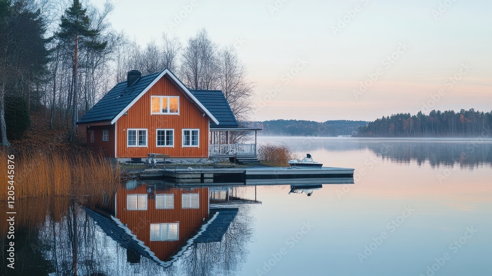 Obraz premium Serene Lakeside Cabin with Calm Waters and Reflection at Dawn