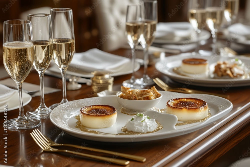 Elegant dessert platters with champagne flutes on a richly set table. Elegant dessert platters with champagne flutes on a richly set table.