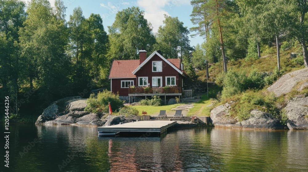 Obraz premium Cozy Red Cottage by the Lake Surrounded by Lush Green Trees