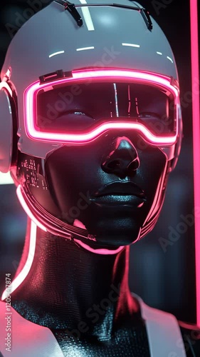 Futuristic mannequin with neon visor showcases advanced technology in a sleek environment