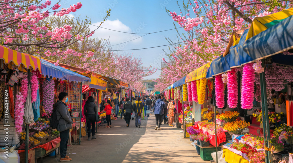 Fototapeta premium Vibrant Spring Blossom Festival Market with Colorful Flower Stalls and Cherry Blossoms