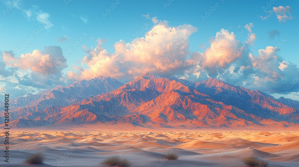Fototapeta premium Majestic Desert Mountain Range at Sunset Panorama, Vibrant Colors and Fluffy Clouds over Arid Landscape