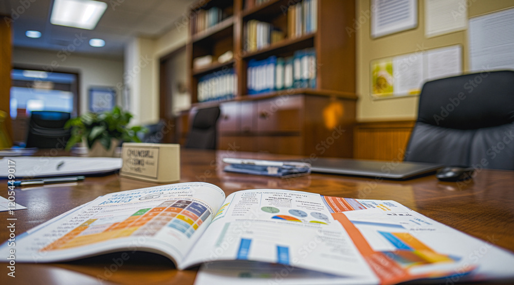 Open Financial Report in Business Office Setting Depicting Analytical Data and Graphs