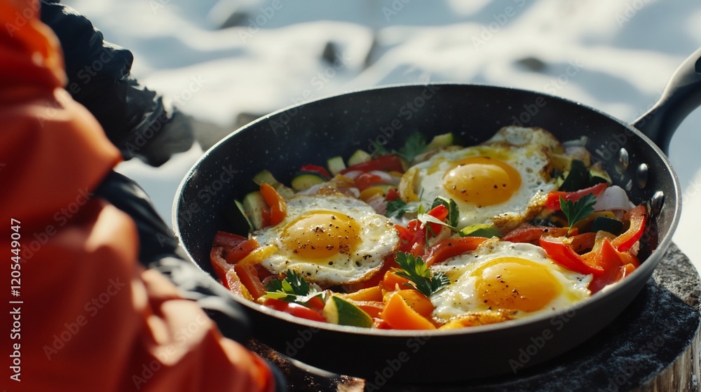 Three fried eggs and sauteed vegetables cooking in a pan outdoors in winter. Three fried eggs and sauteed vegetables cooking in a pan outdoors in winter.