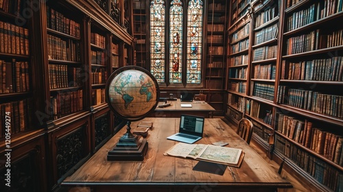 Classic Library Workspace with a Large Wooden Desk photo