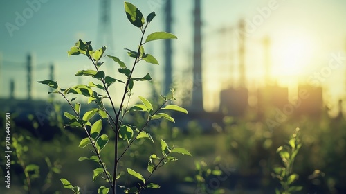 Silhouetted young plant against a warm industrial sunset, blending nature and urban contrast, symbolizing growth and sustainability. Perfect for environmental and renewal themes.