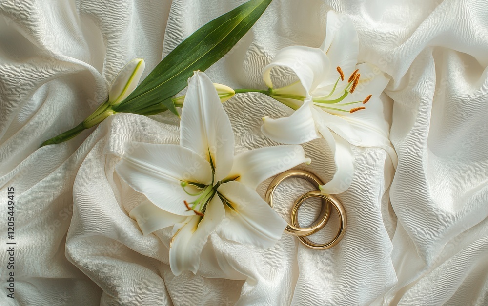 A romantic flat-lay with intertwined gold rings, a soft silk cloth, and fresh white lilies for Valentines Day and 8 March A romantic flat-lay with intertwined gold rings, a soft silk cloth, and fresh white lilies for Valentines Day and 8 March