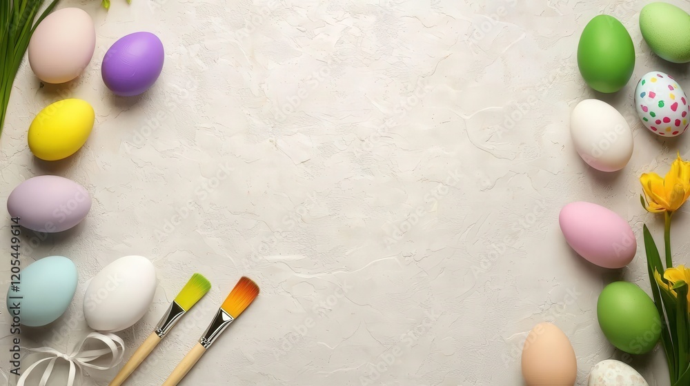 Colorful Easter Eggs on Light Background with Brushes and Flowers for Festive Holiday Decoration and Crafting Colorful Easter Eggs on Light Background with Brushes and Flowers for Festive Holiday Decoration and Crafting