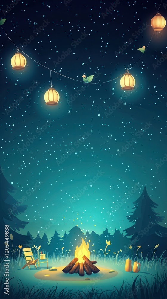 Naklejka premium Birthday camping adventure under starry skies with lanterns and campfire serene forest setting magical night experience