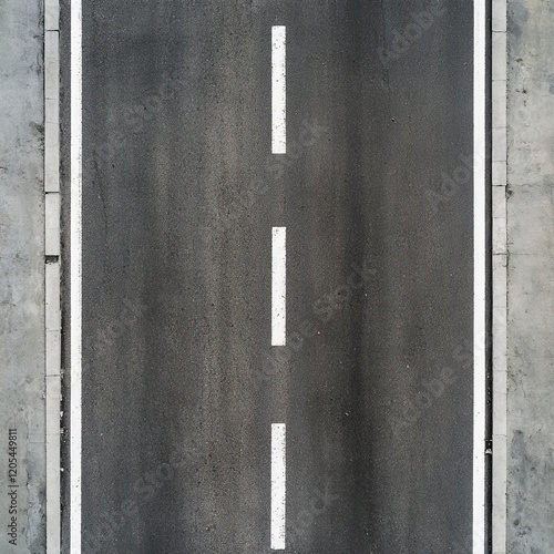 Overhead view of asphalt road with center line markings.