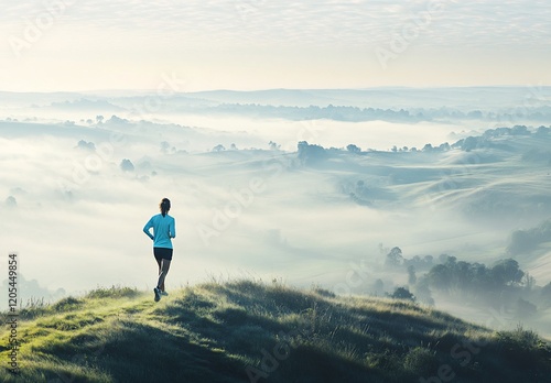 Woman runner pauses atop misty hill, enjoying scenic valley vista. photo