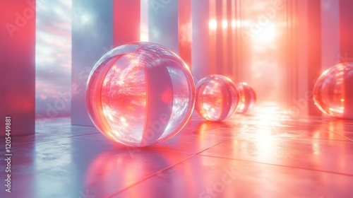 Abstract glowing spheres with reflective surfaces