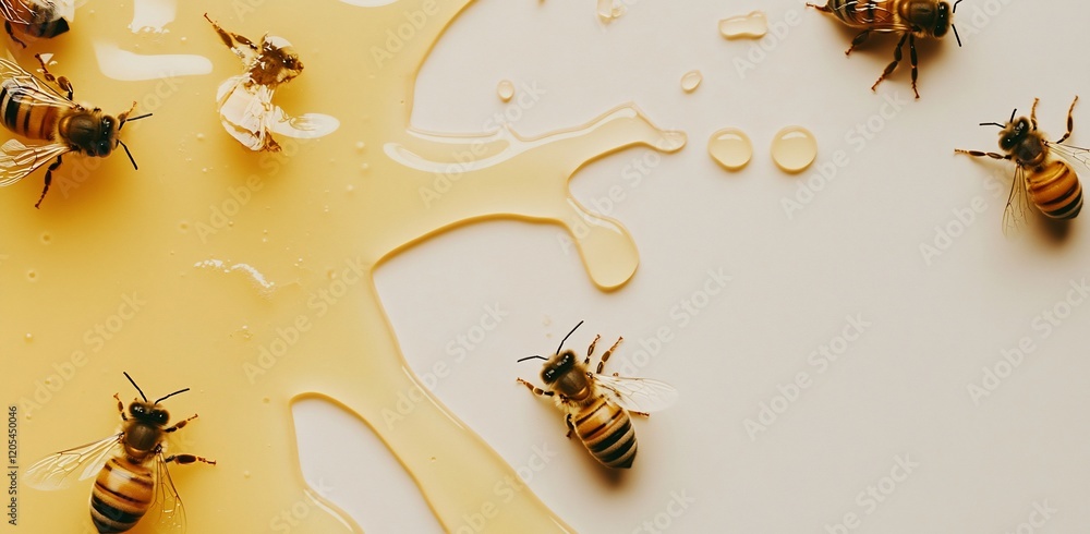 Honeybees swarming around spilled honey on a white background. Honeybees swarming around spilled honey on a white background.