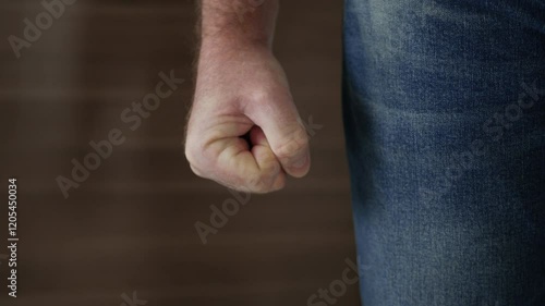 Shooting with an Angry Man Clenching the Fist in Sign of Protest. One Person Getting Mad and Clench the Hand Fingers in a Fist.
