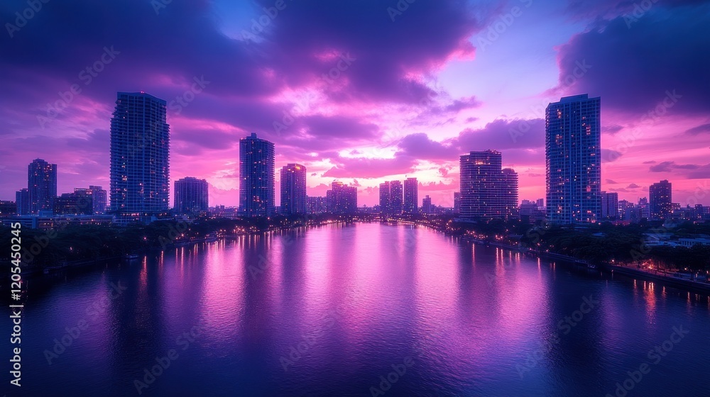 Naklejka premium Cityscape sunset reflection, waterfront, purple sky, urban, travel