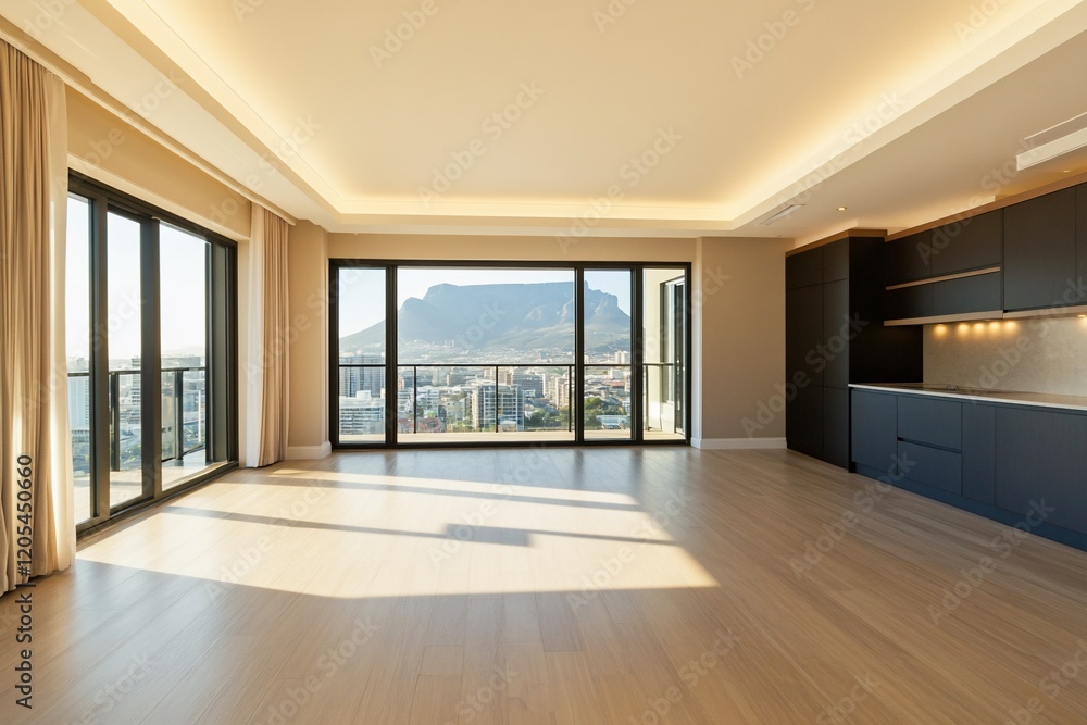 Sunlit empty modern apartment with panoramic city view. Sunlit empty modern apartment with panoramic city view.