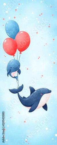 Whale and dolphin birthday celebration underwater theme digital illustration festive environment playful concept photo