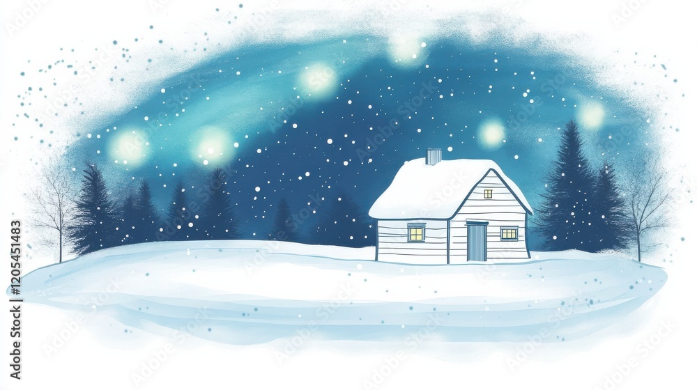 Fototapeta premium Winter Wonderland with Snowy Landscape and Cozy Cottage Scene