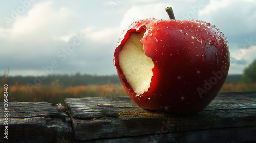 A richly textured red apple with a bite taken out of it, resting on a weathered wooden fence, raindrops falling gently around. Background shows a cloudy sky with faint hints of sunlight breaking throu photo