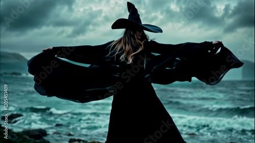 Halloween. Beautiful young witch conjures on Halloween on the seashore