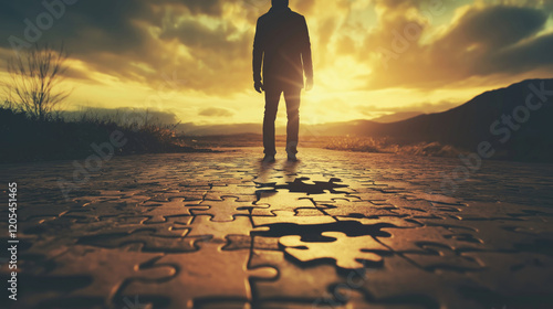 A man stands on the ground with puzzle pieces, gazing at the sunset in the background. An open road made up entirely of jigsaw puzzle pieces, representing life's journey and personal growth.