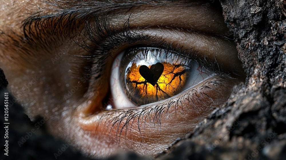 Close-Up of Eye with Heart Reflection Surrounded by Natural Elements and Textures