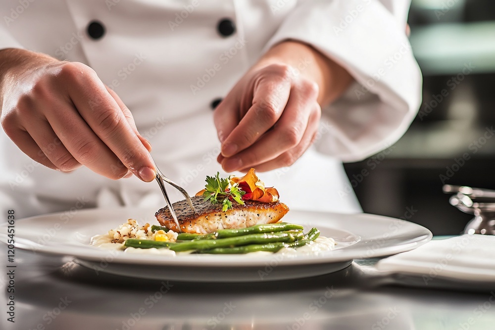 Chef plating gourmet salmon dish with herbs and garnish. Chef plating gourmet salmon dish with herbs and garnish.