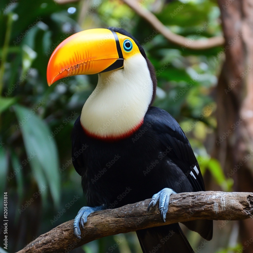 Colorful toucan perched on branch in lush green foliage. Colorful toucan perched on branch in lush green foliage.