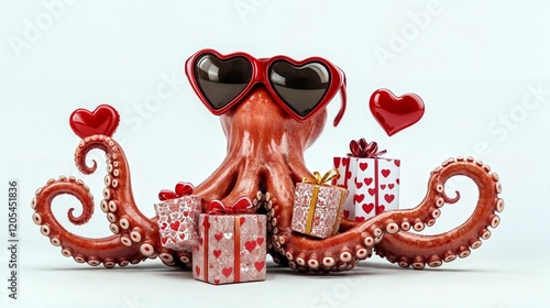 A playful octopus wearing red heart-shaped sunglasses, surrounded by heart-themed gift boxes. A whimsical and romantic scene perfect for Valentine's Day themes photo