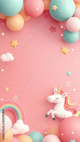 Unicorn-themed birthday celebration with rainbows colorful balloons and fun decorations whimsical environment playful viewpoint magical concept photo