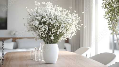 Wallpaper Mural White Flowers in a White Vase on a Wooden Table Torontodigital.ca