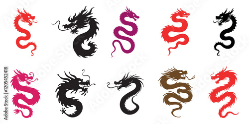 dragon vector set in multiple colors featuring asian mythical creatures and cultural symbols photo