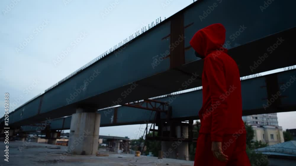 Guard in a red outfit stands alone at a construction site under an overcast sky during twilight hours reflecting mystery and anticipation Guard in a red outfit stands alone at a construction site under an overcast sky during twilight hours reflecting mystery and anticipation