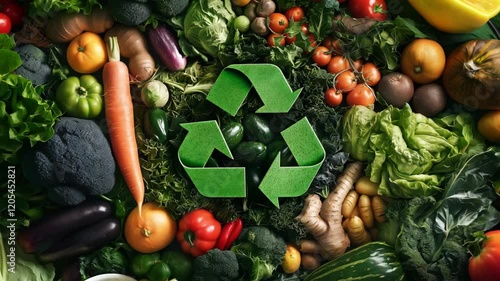 A variety of fresh organic vegetables and fruits arranged around a green recycling symbol	