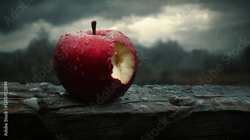 A richly textured red apple with a bite taken out of it, resting on a weathered wooden fence, raindrops falling gently around. Background shows a cloudy sky with faint hints of sunlight breaking throu photo