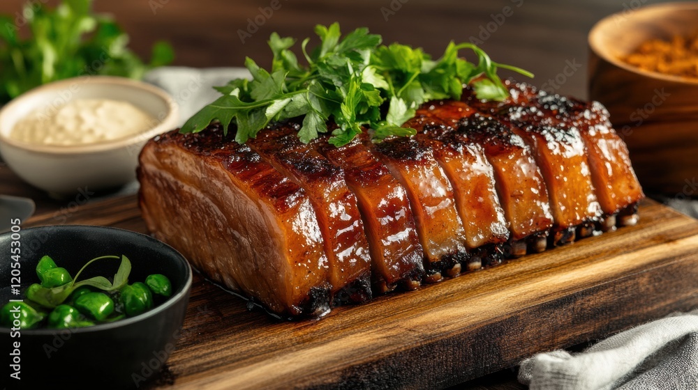 Modern pork belly food styling, focusing on geometric plating, vibrant garnishes, and minimalist table settings for a sleek aesthetic Modern pork belly food styling, focusing on geometric plating, vibrant garnishes, and minimalist table settings for a sleek aesthetic
