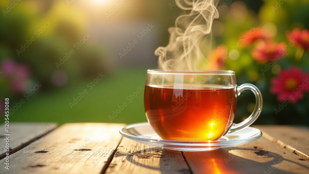 A delicate, transparent glass of steaming hot tea, sits on a weathered wooden table in a serene backyard setting, surrounded by lush greenery and vibrant sunlight A delicate, transparent glass of steaming hot tea, sits on a weathered wooden table in a serene backyard setting, surrounded by lush greenery and vibrant sunlight