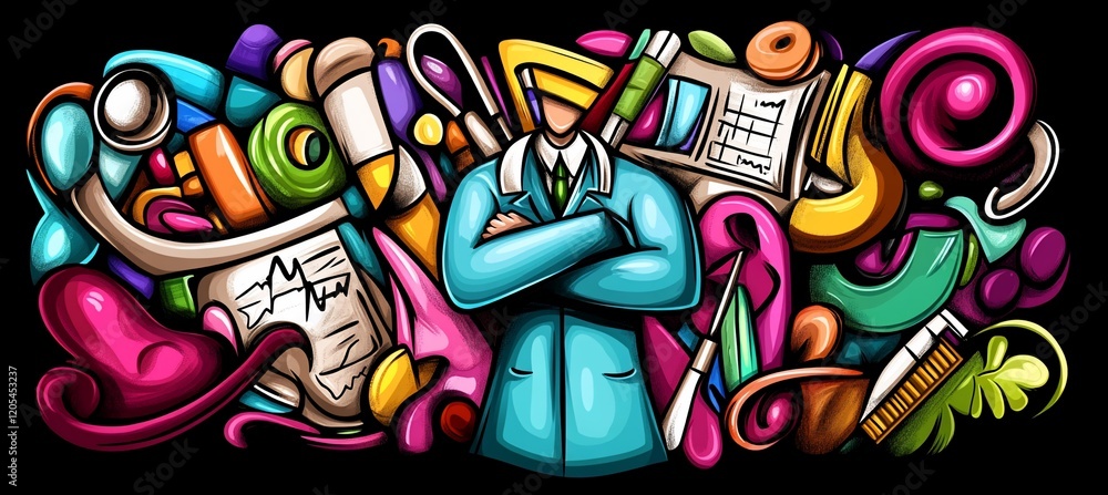 Obraz premium Colorful doodle illustration of a doctor surrounded by medical supplies and equipment.