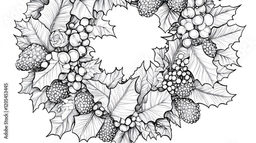 Intricate line art of a Christmas wreath with holly leaves, berries, and a central space for text or design