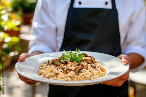 Chef presenting a plate of creamy mushroom risotto.