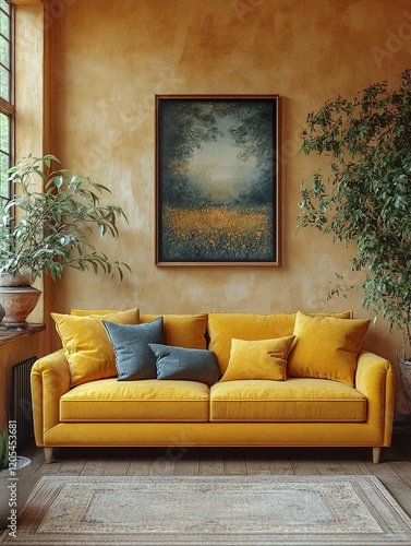 rustic interior with yellow couch	
