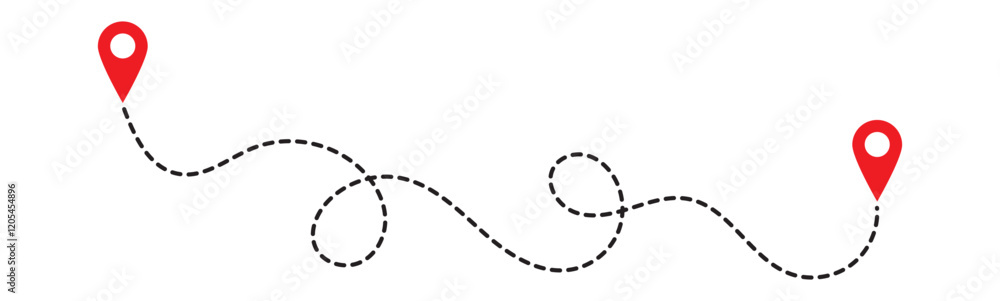 Route icon between two points with dotted path and location pin. Location pointer continuous one line drawing. GPS navigation line route mark. Route icon between two points with dotted path and location pin. Location pointer continuous one line drawing. GPS navigation line route mark.
